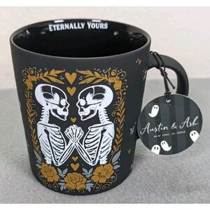Austin & Ash 18 oz Mug Skeletons Love Goth Halloween Ceramic Black White Gold